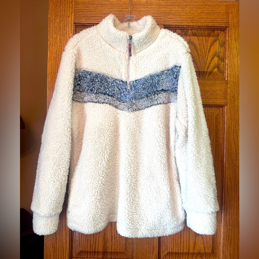 Cream, Blue and Gray Sherpa Pullover